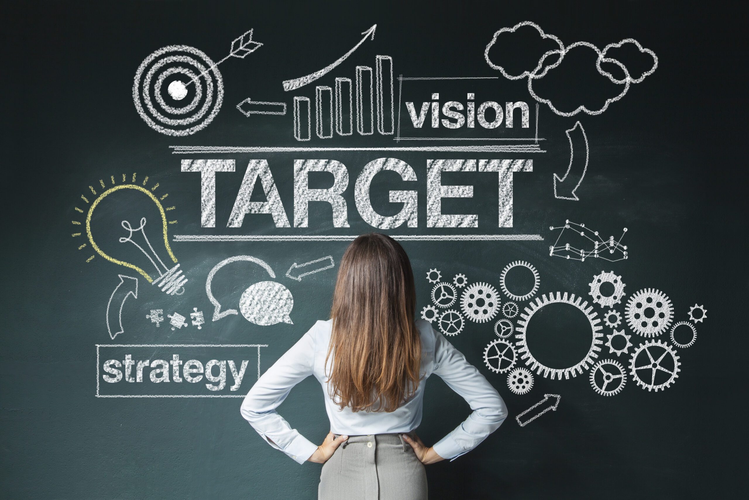 Rear view of a businesswoman looking at large business planning sketch on a chalkboard.